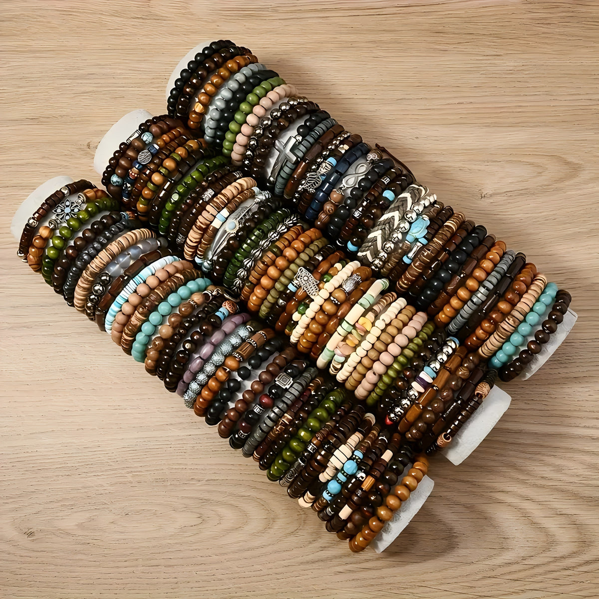 Boho Wood Beaded Bracelet Set – Stackable Elastic Bracelets with Turtle, Cross, Leaf & Feather Charms, Mixed Colors, Choose 12, 24, 47 or 87 Pcs – Perfect for Daily Wear & Gifting