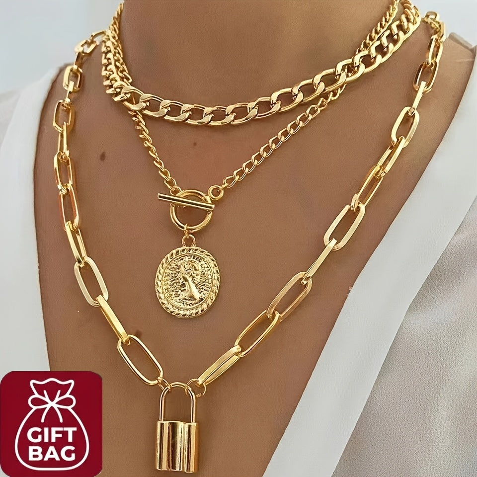 3pcs Gold Plated Layered Necklace Set for Women – Vintage Embossed Round Pendant & Lock Charm Stackable Necklaces Elegant Fashion Jewelry Gift Set with Gift Bag Birthday Anniversary Valentine