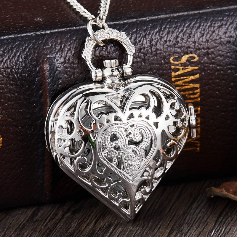 Heart Shaped Pocket Watch Necklace for Women Vintage – Romantic Hollow Quartz Pendant Sweater Chain Silver Tone Retro Jewelry, Perfect Mother's Day Valentine's Birthday Gift for Her