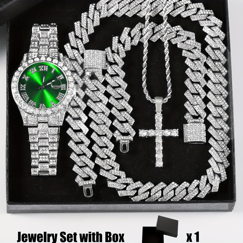 4pcs Rhinestone Watch & Cross Pendant Jewelry Set Quartz Analog Wrist Watch Necklace Bracelet Earrings Unisex Gift for Him Her Wedding
