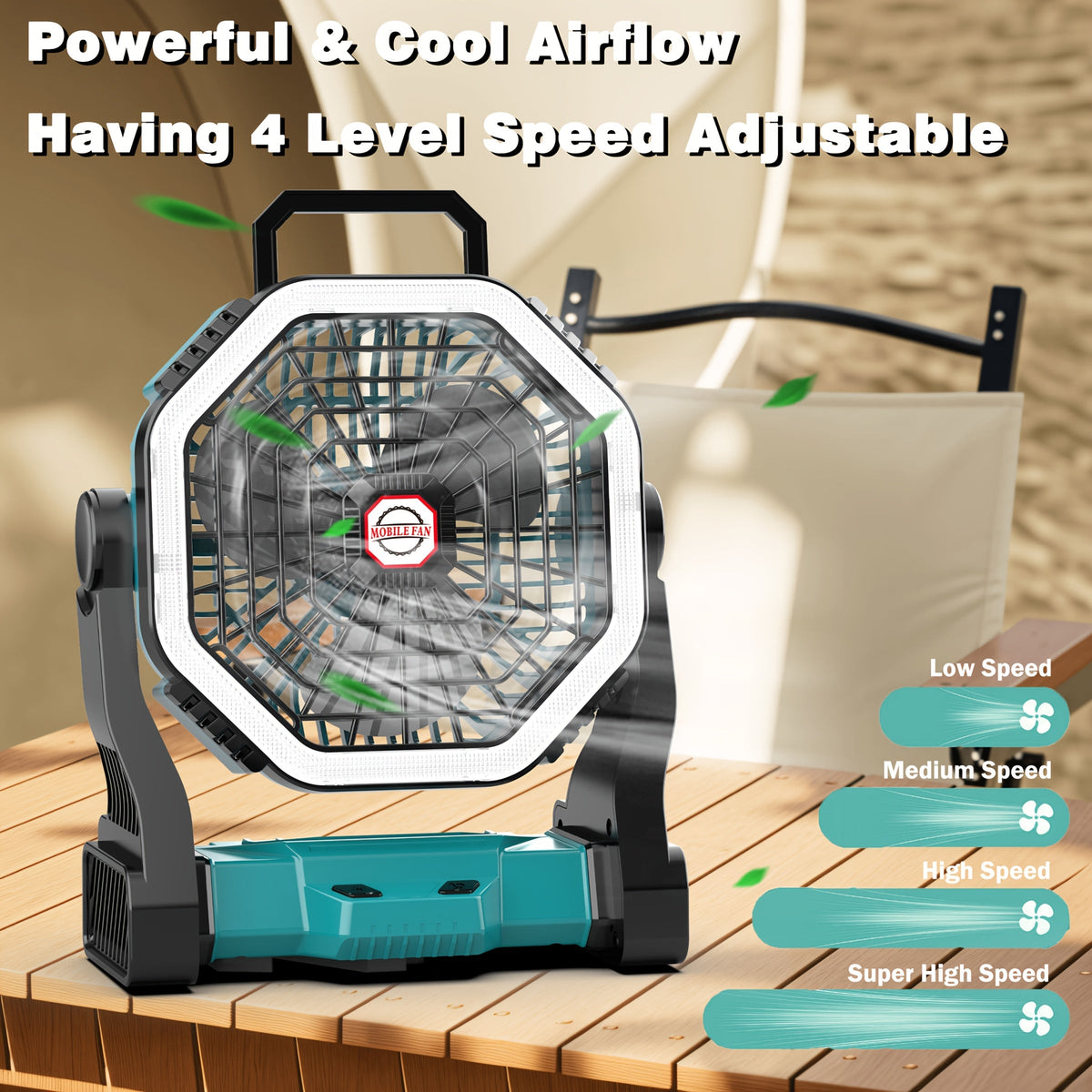 Rechargeable Portable Camping Fan with LED Light & Hanging Rope - 4-Speed USB Battery Powered Tent Fan for Outdoor Travel Indoor Home
