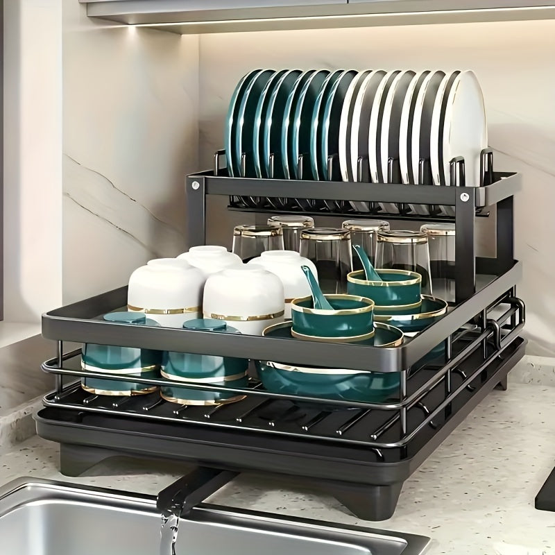 2-Tier Dish Drying Rack Kitchen Counter Drainboard Drain Mat Knife Fork Cup Holder Utensil Organizer Dish Drainer Kitchen Gadget Gift for Women Mother's Day Black Gray White