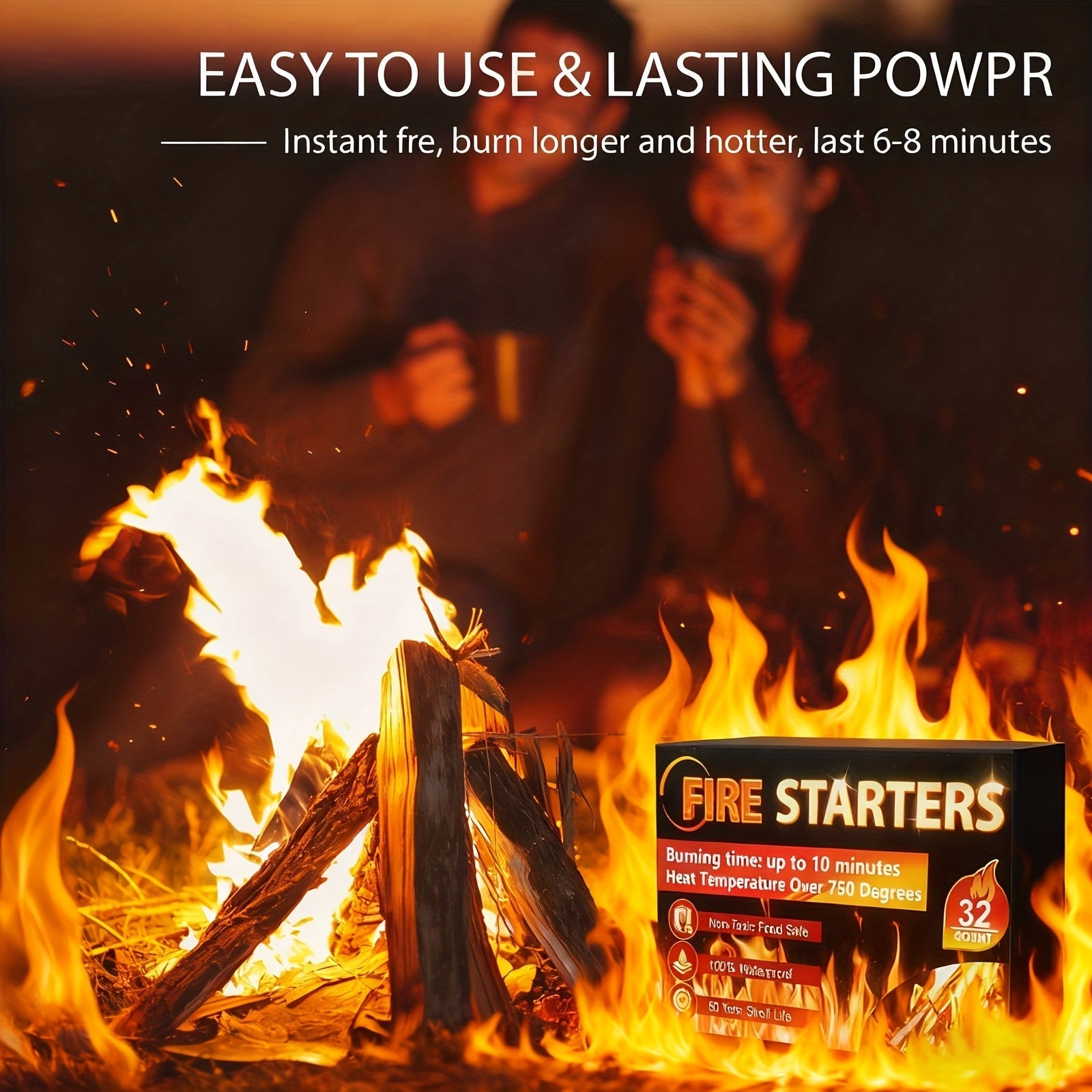 Waterproof Odorless Fire Starter Squares Bulk Pack – 6-Minute Burn Charcoal Firestarter Cubes for Campfire BBQ Grill Fireplace Wood Stove Fire Pit, No Kindling Needed, 32 64 128 192 Piece Options