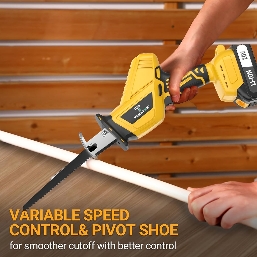 Cordless Reciprocating Saw with LED Light & Safety Lock | Electric Handsaw for Multi-Purpose Cutting, Replaceable Blades, Toolbox Included – 1 or 2 Battery Options, Yellow/Green/Red