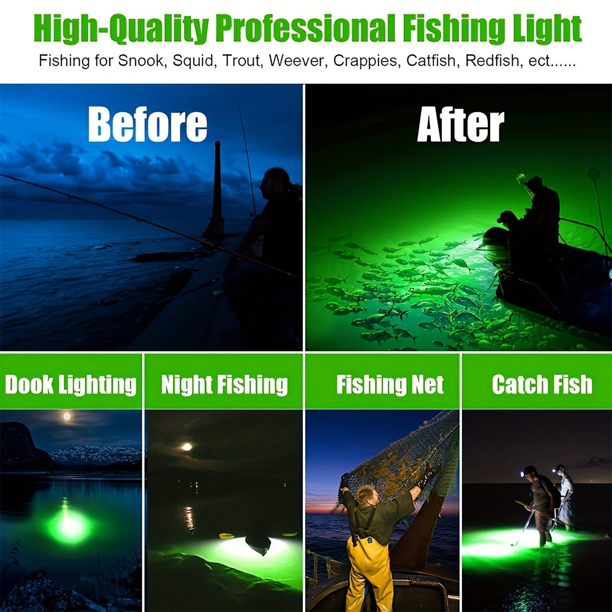 USB 126 LED Underwater Fishing Light with 5M Cord – Night Fish Attractor for Boat, Dock, Kayak & Ice Fishing, Green & White Light Options, Submersible USB Powered Fish Finder Lamp