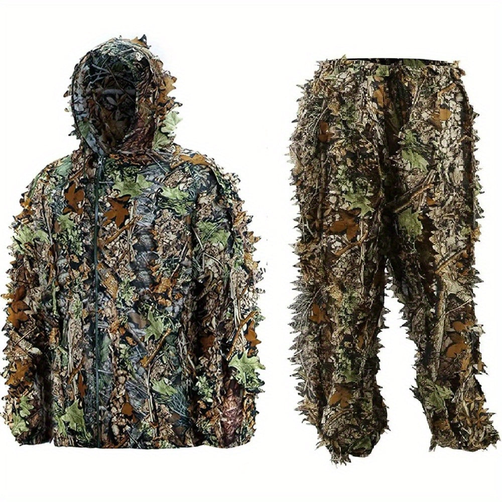 Men's Ghillie Suit 3D Leaf Camo Lightweight Hooded Jacket & Pants Set – Breathable 3D Camouflage Hunting Clothes for Deer Turkey Bow Hunting & Wildlife Photography, 0.95 lb Full Body Concealment Suit