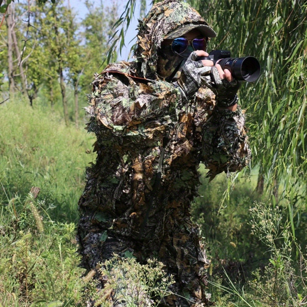 Men's Ghillie Suit 3D Leaf Camo Lightweight Hooded Jacket & Pants Set – Breathable 3D Camouflage Hunting Clothes for Deer Turkey Bow Hunting & Wildlife Photography, 0.95 lb Full Body Concealment Suit