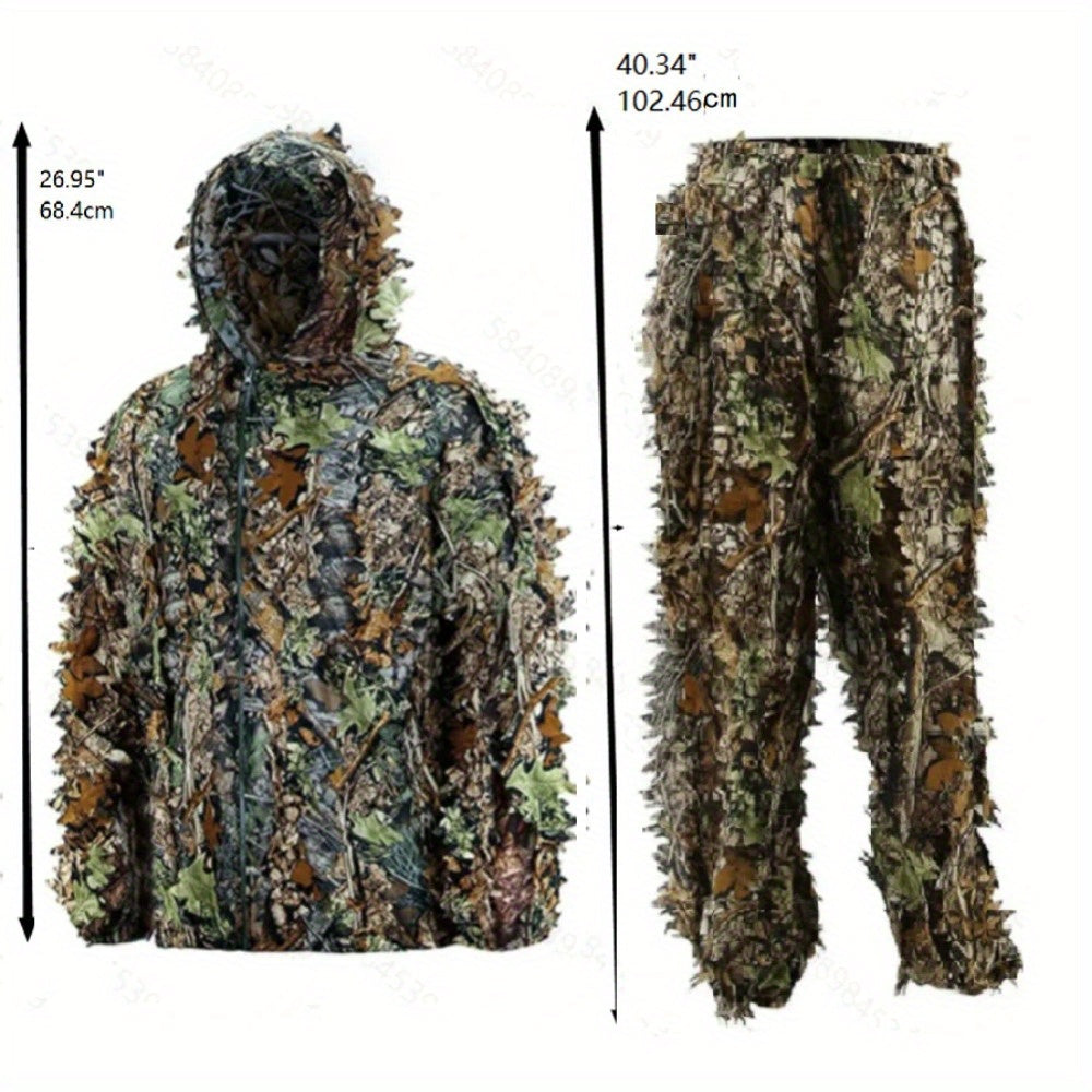 Men's Ghillie Suit 3D Leaf Camo Lightweight Hooded Jacket & Pants Set – Breathable 3D Camouflage Hunting Clothes for Deer Turkey Bow Hunting & Wildlife Photography, 0.95 lb Full Body Concealment Suit