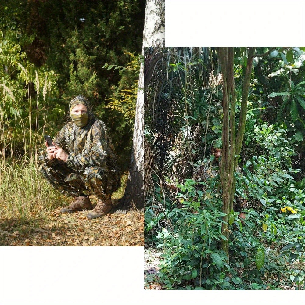Men's Ghillie Suit 3D Leaf Camo Lightweight Hooded Jacket & Pants Set – Breathable 3D Camouflage Hunting Clothes for Deer Turkey Bow Hunting & Wildlife Photography, 0.95 lb Full Body Concealment Suit