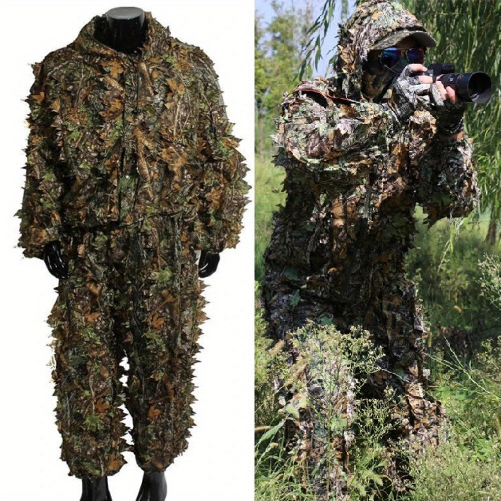 Men's Ghillie Suit 3D Leaf Camo Lightweight Hooded Jacket & Pants Set – Breathable 3D Camouflage Hunting Clothes for Deer Turkey Bow Hunting & Wildlife Photography, 0.95 lb Full Body Concealment Suit