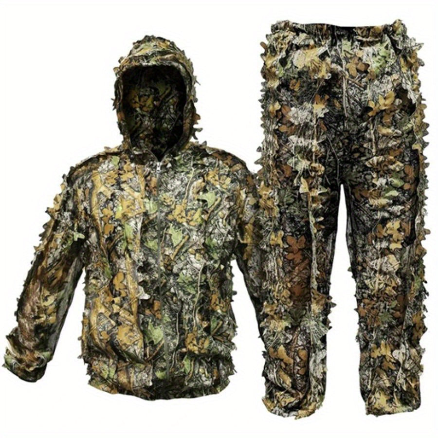 Men's Ghillie Suit 3D Leaf Camo Lightweight Hooded Jacket & Pants Set – Breathable 3D Camouflage Hunting Clothes for Deer Turkey Bow Hunting & Wildlife Photography, 0.95 lb Full Body Concealment Suit