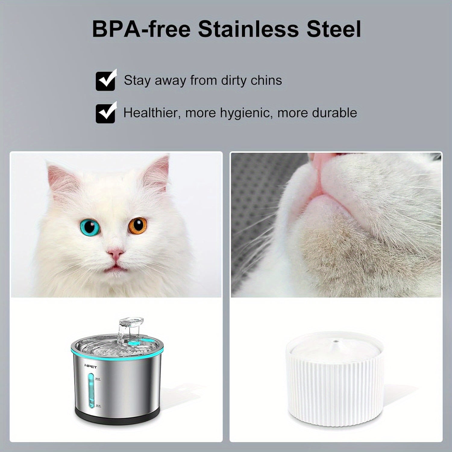 NPET WF210 Stainless Steel Cat Water Fountain 50oz – Ultra Quiet Automatic Pet Water Dispenser with LED Light, Visible Water Window & Dishwasher Safe 304 Steel, Optional Filter Bundles for Cats Dogs