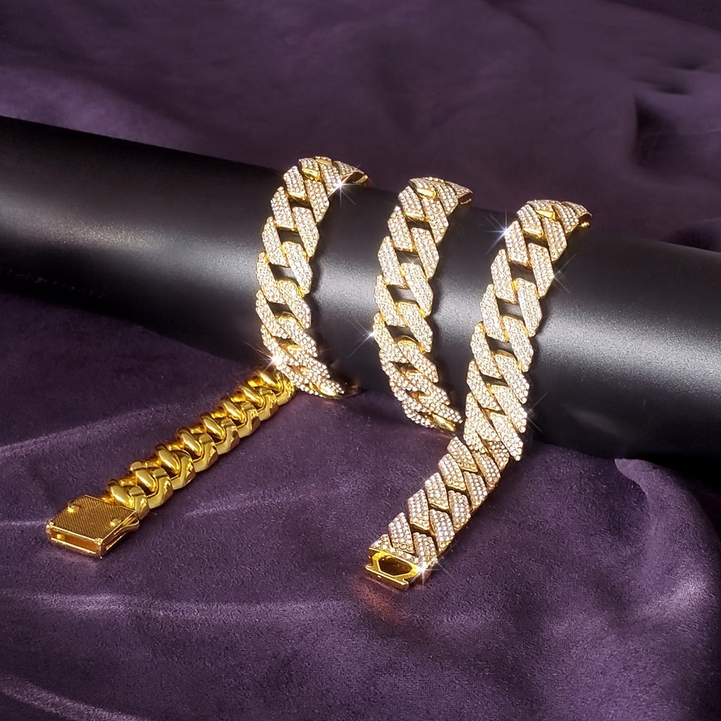 Men's Cuban Link Chain Necklace Hip Hop Style with Synthetic Gem Inlay – Silver & Gold Tone, 45cm / 50cm, Gift Box Included, Bold Statement Jewelry for Any Occasion