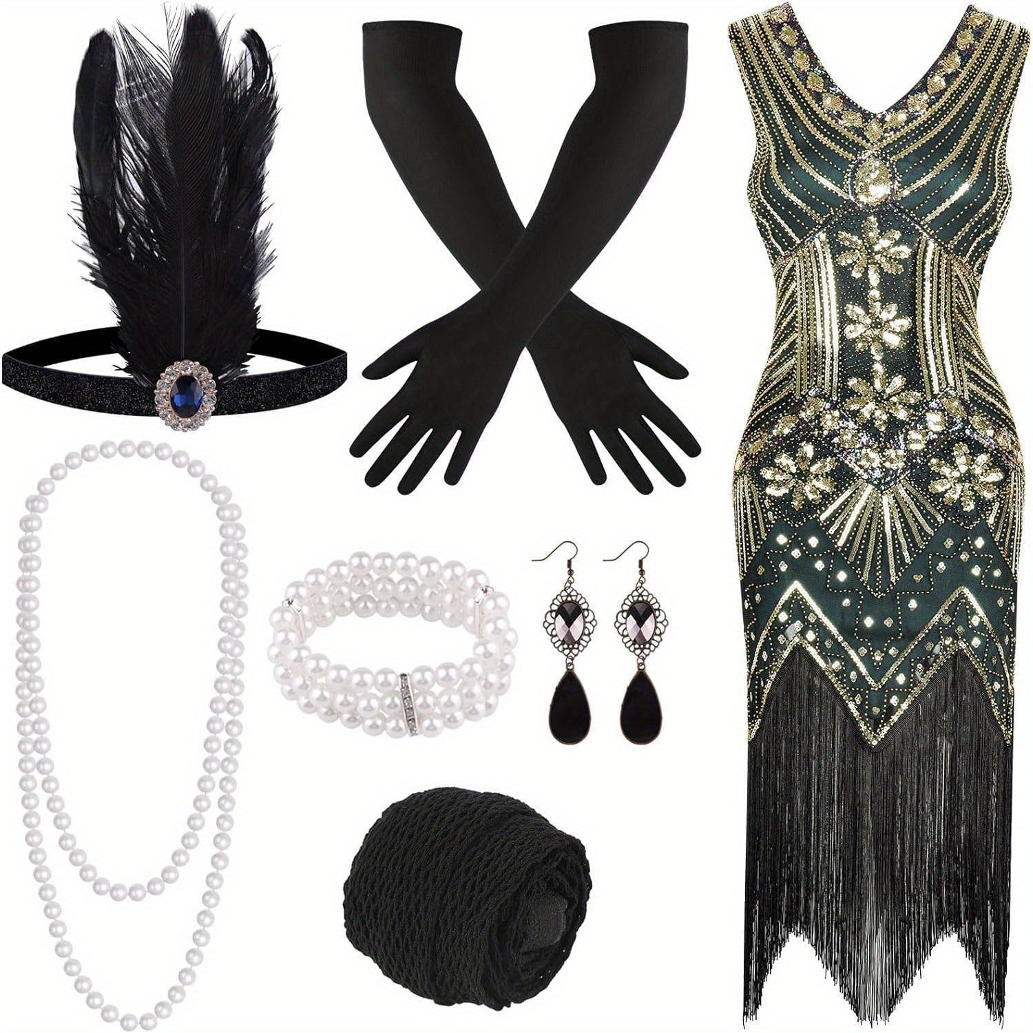 1920s Flapper Dress Women Sequin Beaded Fringe V-Neck Great Gatsby Costume with Accessories Set S-XL Red Black Gold