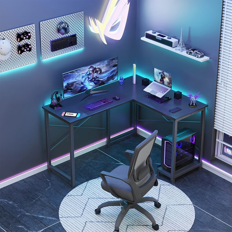 L-Shaped Corner Computer Desk with Storage Bag & Open Shelves – Reversible PC Laptop Workstation for Home Office Study Room Gaming Dorm, Space-Saving Writing Desk, 7 Colors