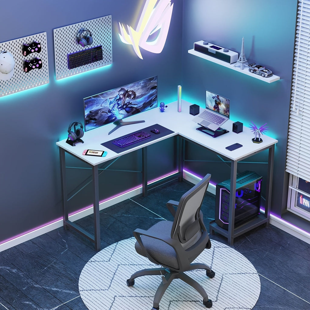 L-Shaped Corner Computer Desk with Storage Bag & Open Shelves – Reversible PC Laptop Workstation for Home Office Study Room Gaming Dorm, Space-Saving Writing Desk, 7 Colors