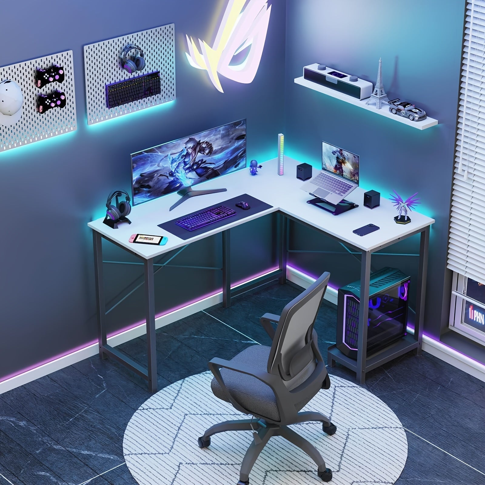 L-Shaped Corner Computer Desk with Storage Bag & Open Shelves – Reversible PC Laptop Workstation for Home Office Study Room Gaming Dorm, Space-Saving Writing Desk, 7 Colors