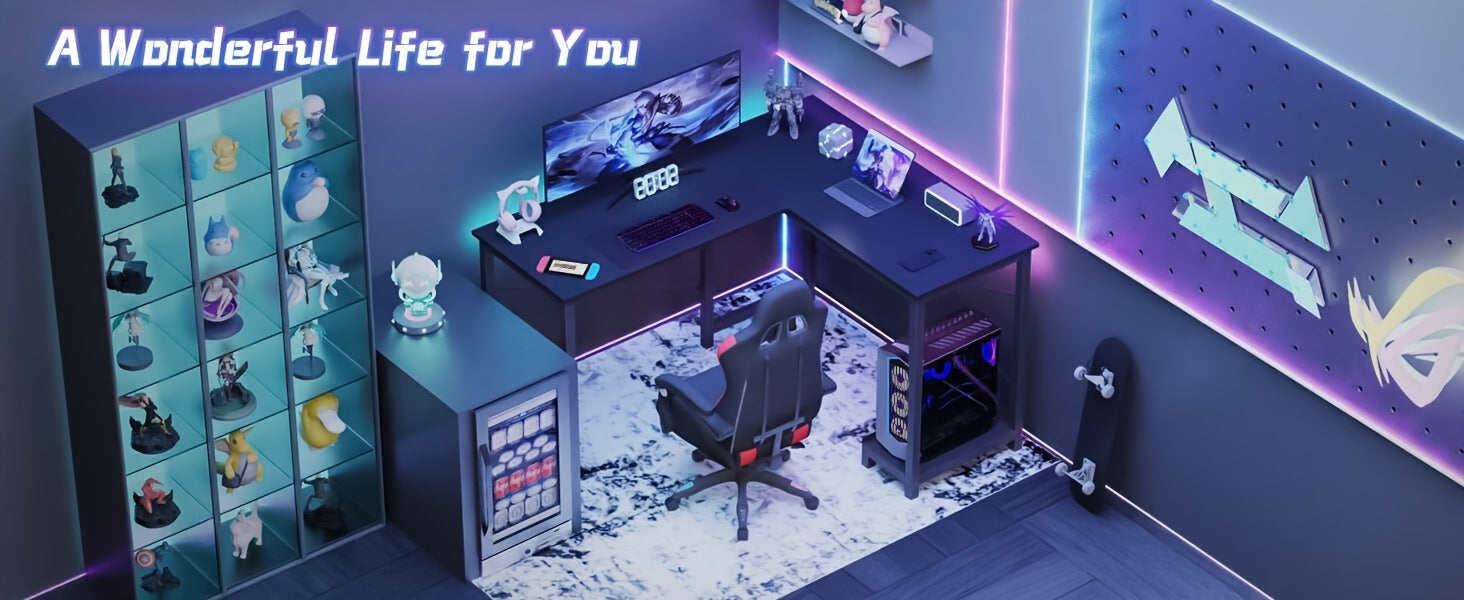 L-Shaped Corner Computer Desk with Storage Bag & Open Shelves – Reversible PC Laptop Workstation for Home Office Study Room Gaming Dorm, Space-Saving Writing Desk, 7 Colors