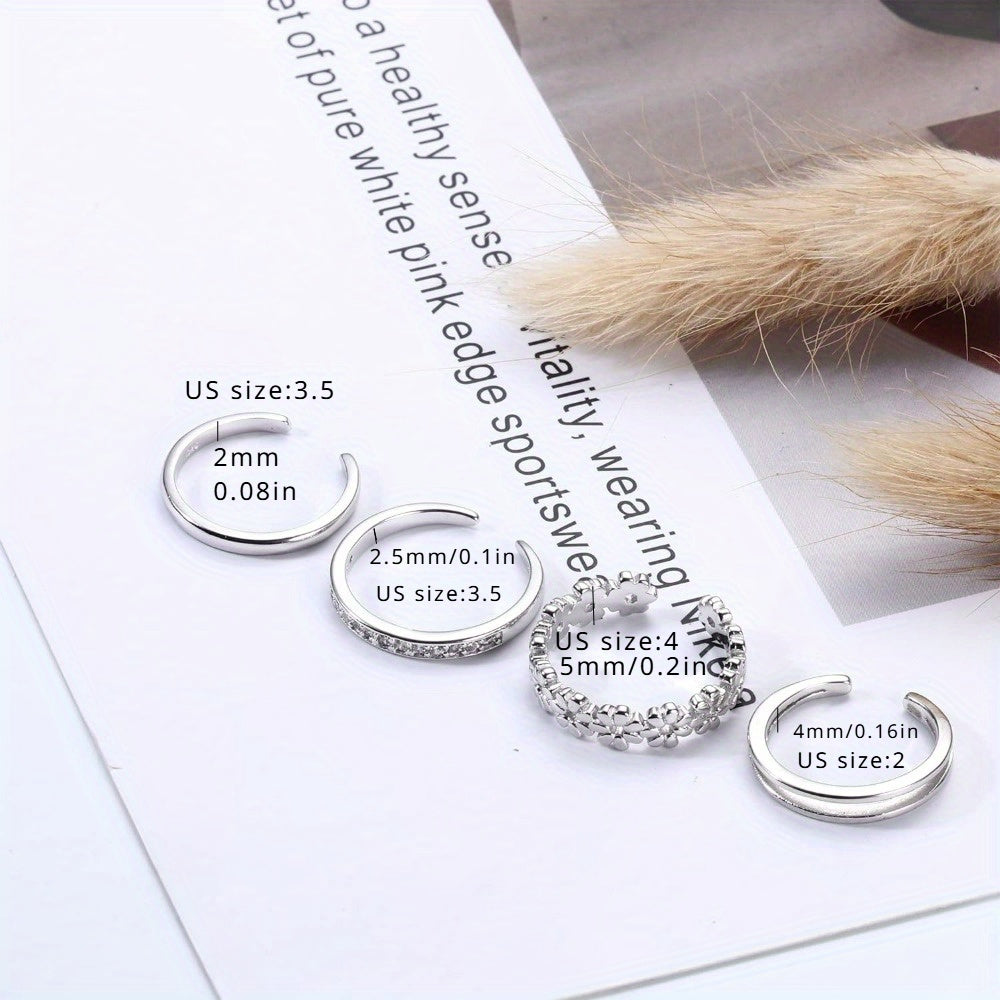 Sterling Silver Toe Ring Set 4pcs 925 Adjustable – Daisy Flower CZ Cubic Zirconia Open Band Boho Beach Rings for Women, Lightweight 6g Finger Thumb Tail Toe Jewelry Perfect Vacation Gift for Her