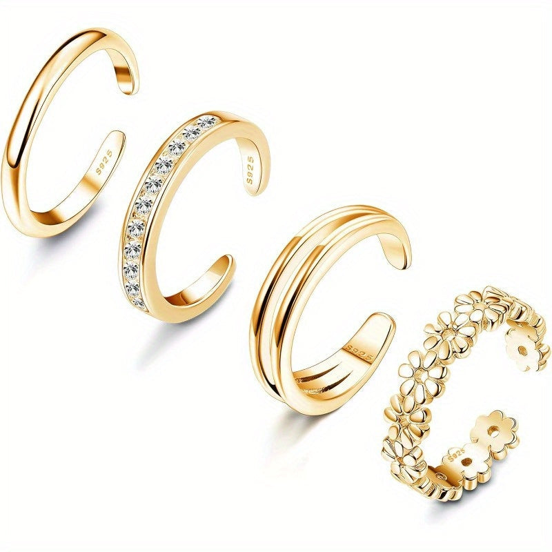 Sterling Silver Toe Ring Set 4pcs 925 Adjustable – Daisy Flower CZ Cubic Zirconia Open Band Boho Beach Rings for Women, Lightweight 6g Finger Thumb Tail Toe Jewelry Perfect Vacation Gift for Her