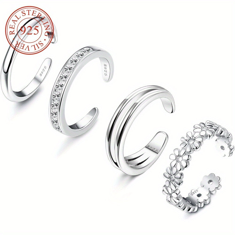 Sterling Silver Toe Ring Set 4pcs 925 Adjustable – Daisy Flower CZ Cubic Zirconia Open Band Boho Beach Rings for Women, Lightweight 6g Finger Thumb Tail Toe Jewelry Perfect Vacation Gift for Her