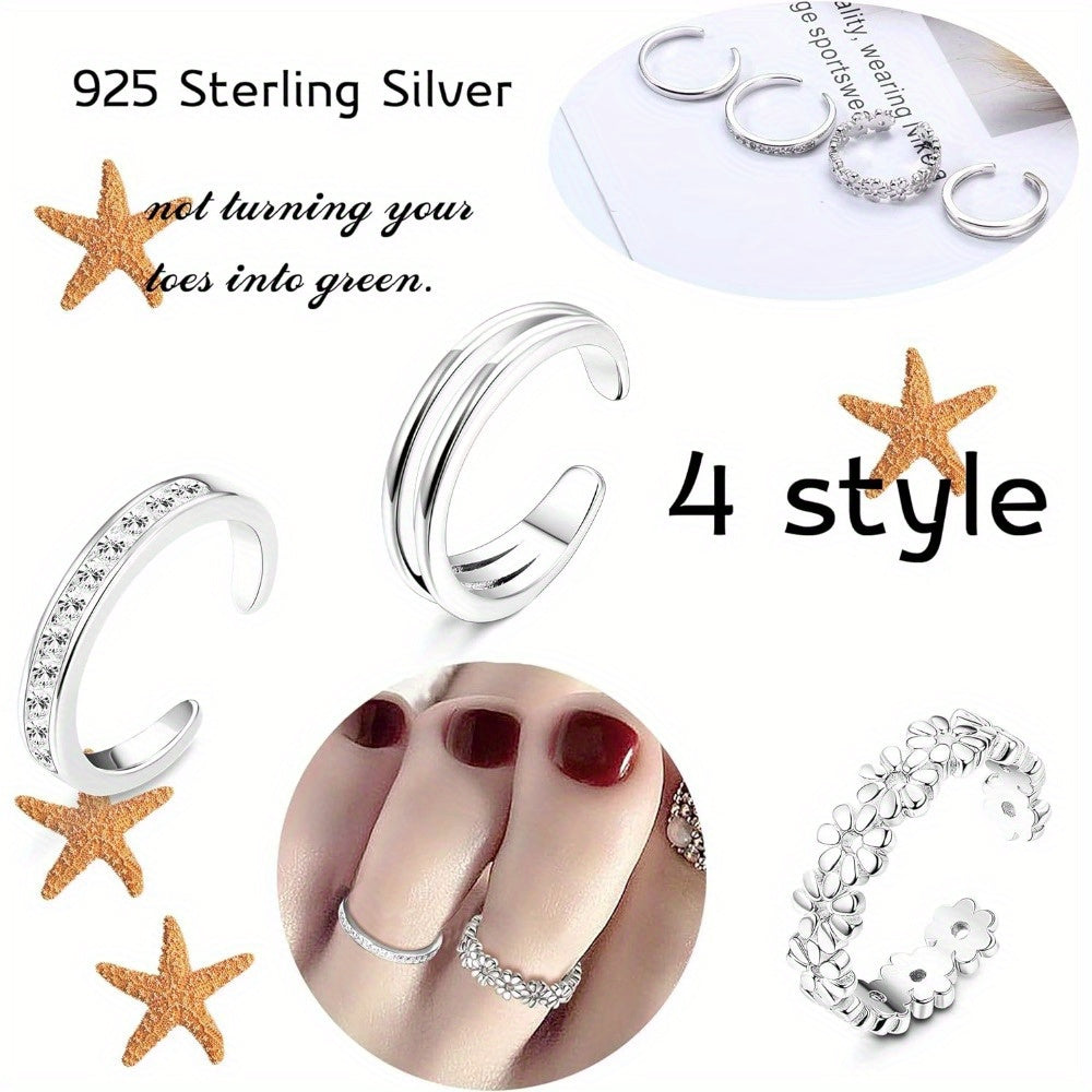 Sterling Silver Toe Ring Set 4pcs 925 Adjustable – Daisy Flower CZ Cubic Zirconia Open Band Boho Beach Rings for Women, Lightweight 6g Finger Thumb Tail Toe Jewelry Perfect Vacation Gift for Her