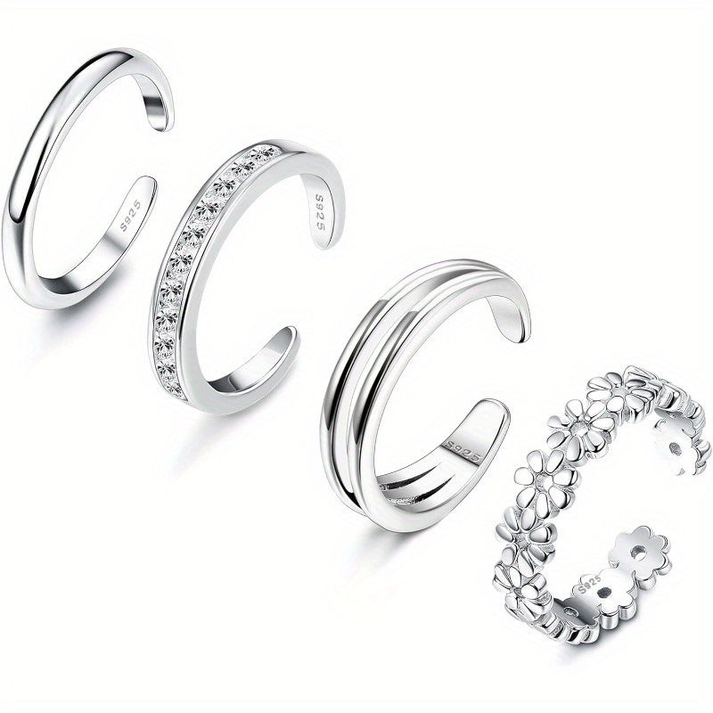 Sterling Silver Toe Ring Set 4pcs 925 Adjustable – Daisy Flower CZ Cubic Zirconia Open Band Boho Beach Rings for Women, Lightweight 6g Finger Thumb Tail Toe Jewelry Perfect Vacation Gift for Her