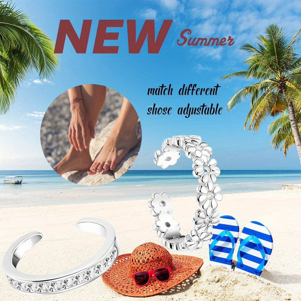 Sterling Silver Toe Ring Set 4pcs 925 Adjustable – Daisy Flower CZ Cubic Zirconia Open Band Boho Beach Rings for Women, Lightweight 6g Finger Thumb Tail Toe Jewelry Perfect Vacation Gift for Her