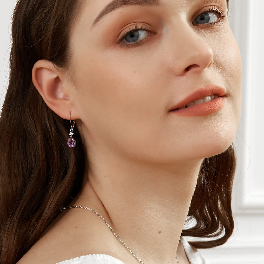 Amethyst Teardrop Leverback Earrings 925 Sterling Silver Genuine Gemstone Dangle Drop Earrings Hypoallergenic - Elegant Purple Jewelry Gift for Women Birthday Valentine's Day Christmas