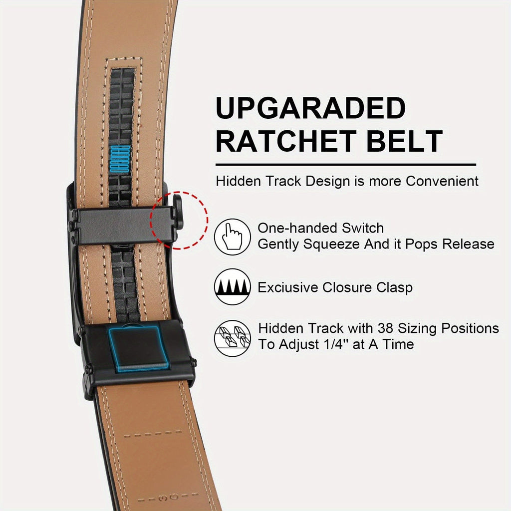 Set of 2 Men's Split Leather Ratchet Belts – American Flag Design with Automatic Slide Alloy Buckle, Adjustable Golf & Casual Dress Belts in Black & Brown, Sizes 110cm to 130cm (Waist 30"-44")