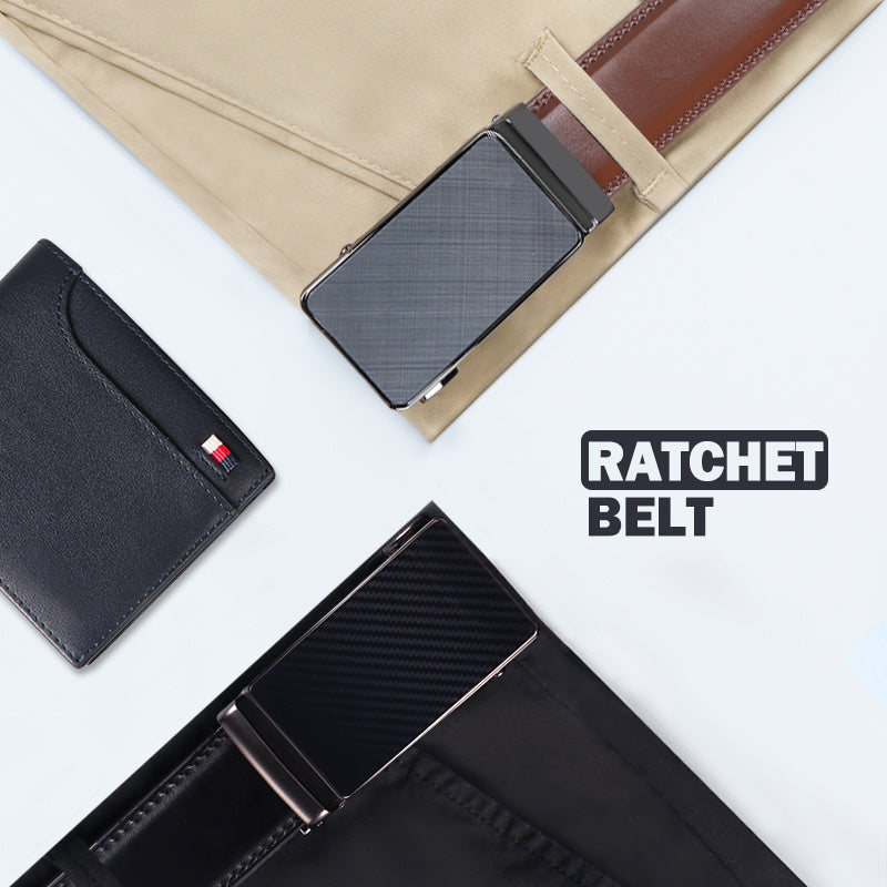 Men's Genuine Leather Ratchet Belt Automatic No-Hole Buckle 5 Lengths 110-130cm – Black Brown Slide Buckle Dress Belt Fits Waist 30" to 44" Formal Business Casual Father's Day Gift