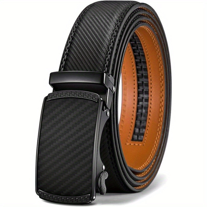 Men's Genuine Leather Ratchet Belt Automatic No-Hole Buckle 5 Lengths 110-130cm – Black Brown Slide Buckle Dress Belt Fits Waist 30" to 44" Formal Business Casual Father's Day Gift