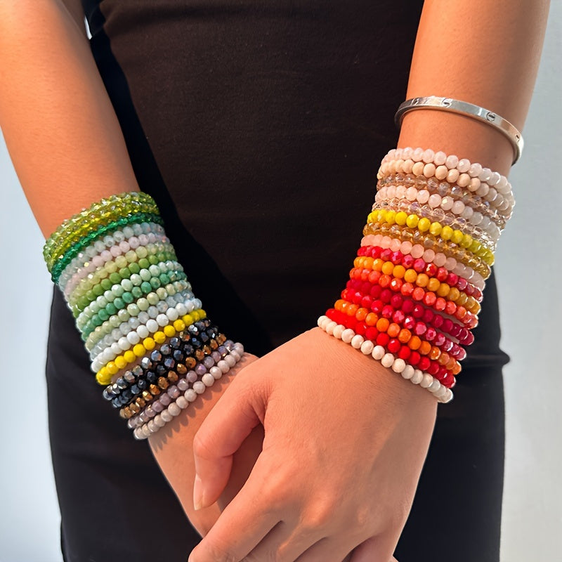 36-Piece Boho Faux Crystal Beaded Bracelet Set for Women – Colorful Stackable Elastic Stretch Layered Hand String Bohemian Jewelry for Beach Party Festival Daily Wear Birthday Gift
