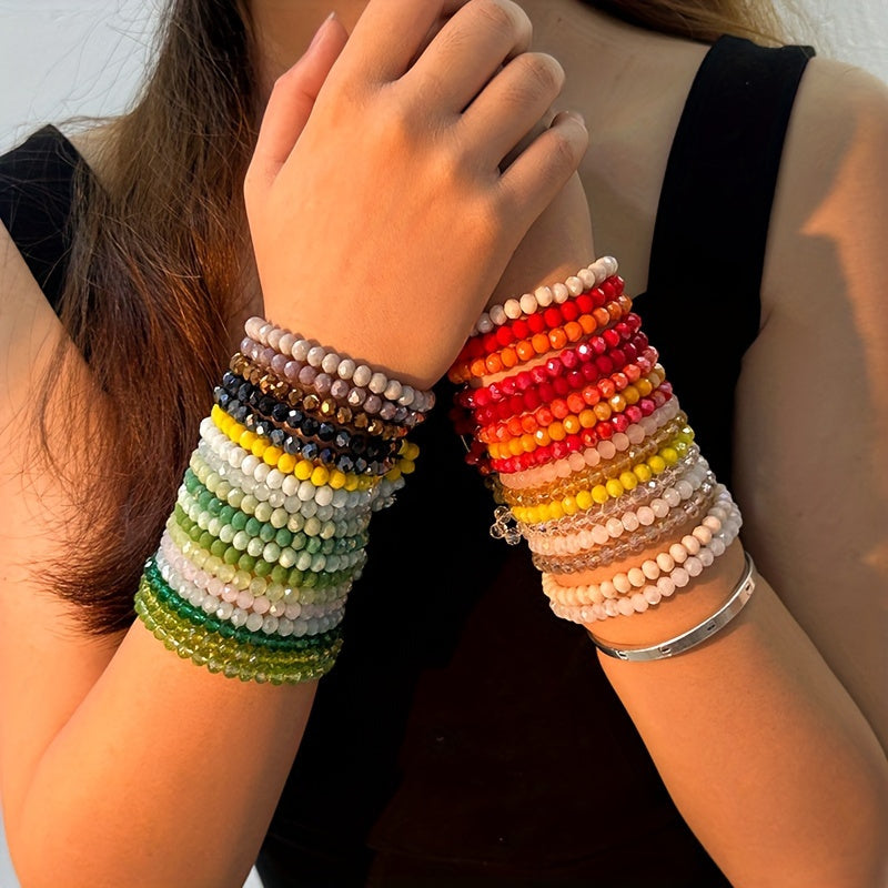 36-Piece Boho Faux Crystal Beaded Bracelet Set for Women – Colorful Stackable Elastic Stretch Layered Hand String Bohemian Jewelry for Beach Party Festival Daily Wear Birthday Gift