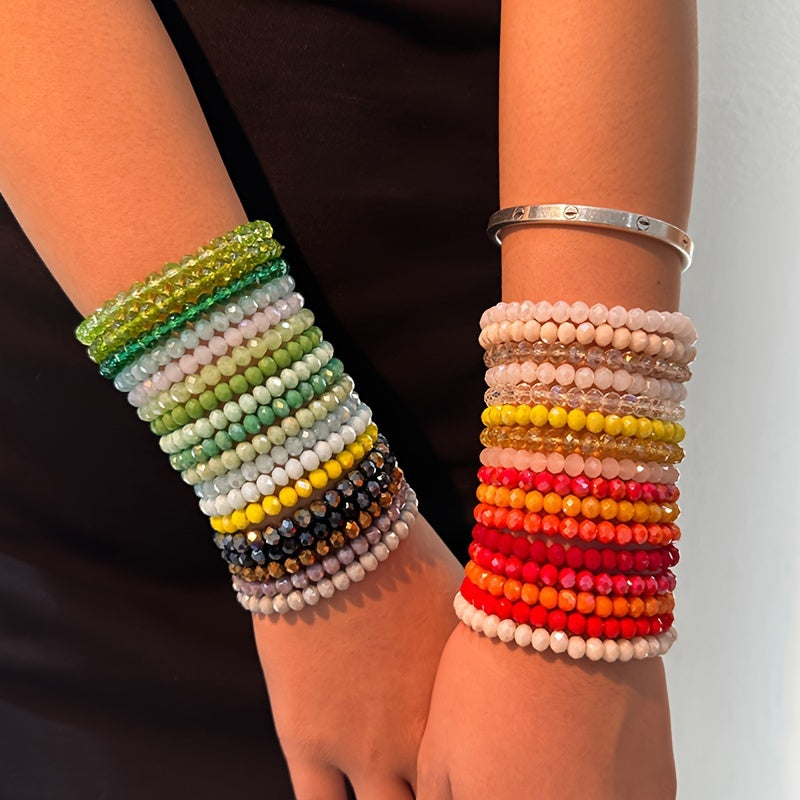 36-Piece Boho Faux Crystal Beaded Bracelet Set for Women – Colorful Stackable Elastic Stretch Layered Hand String Bohemian Jewelry for Beach Party Festival Daily Wear Birthday Gift