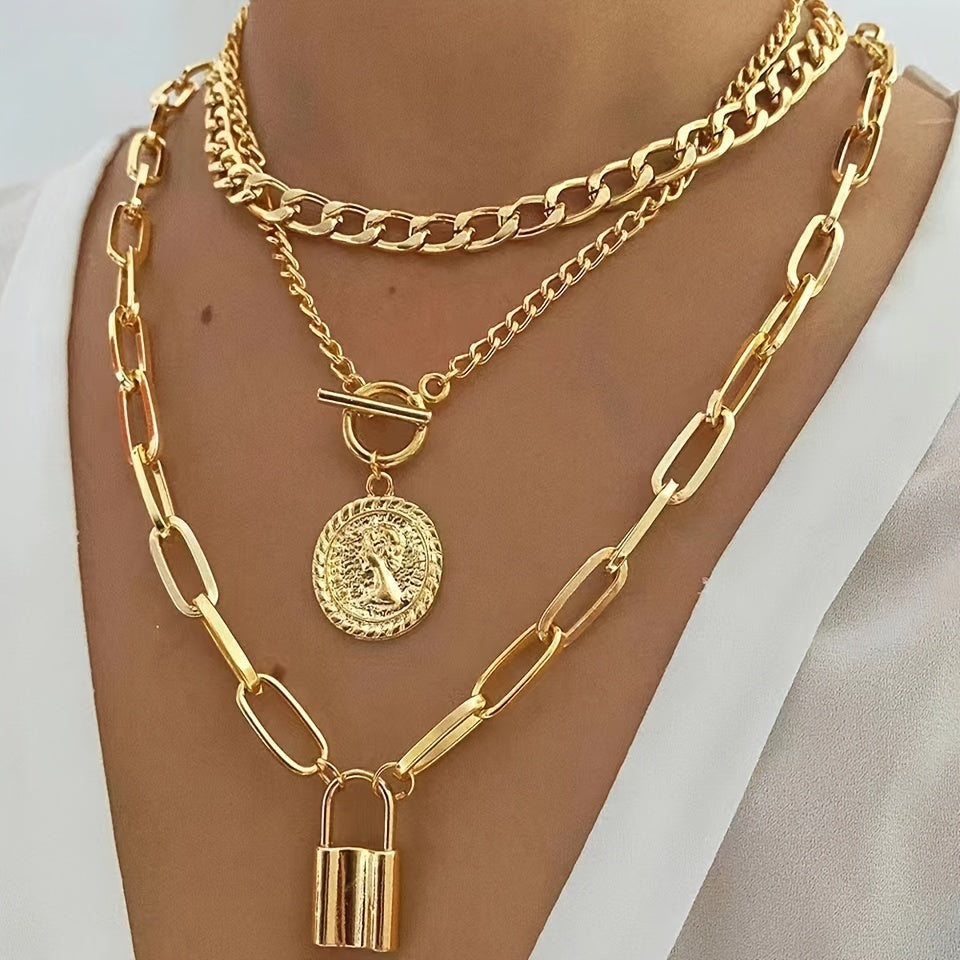 3pcs Gold Plated Layered Necklace Set for Women – Vintage Embossed Round Pendant & Lock Charm Stackable Necklaces Elegant Fashion Jewelry Gift Set with Gift Bag Birthday Anniversary Valentine