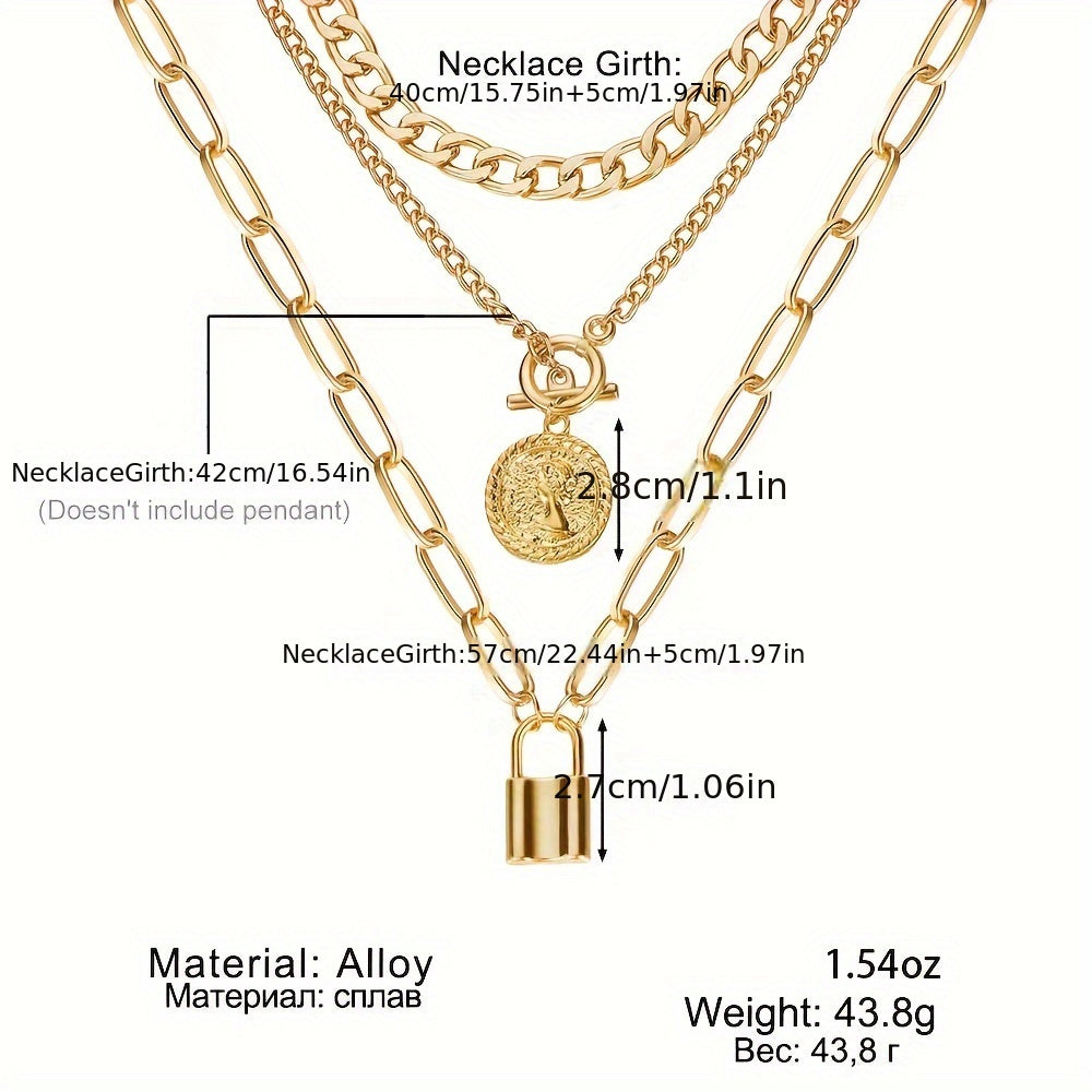 3pcs Gold Plated Layered Necklace Set for Women – Vintage Embossed Round Pendant & Lock Charm Stackable Necklaces Elegant Fashion Jewelry Gift Set with Gift Bag Birthday Anniversary Valentine