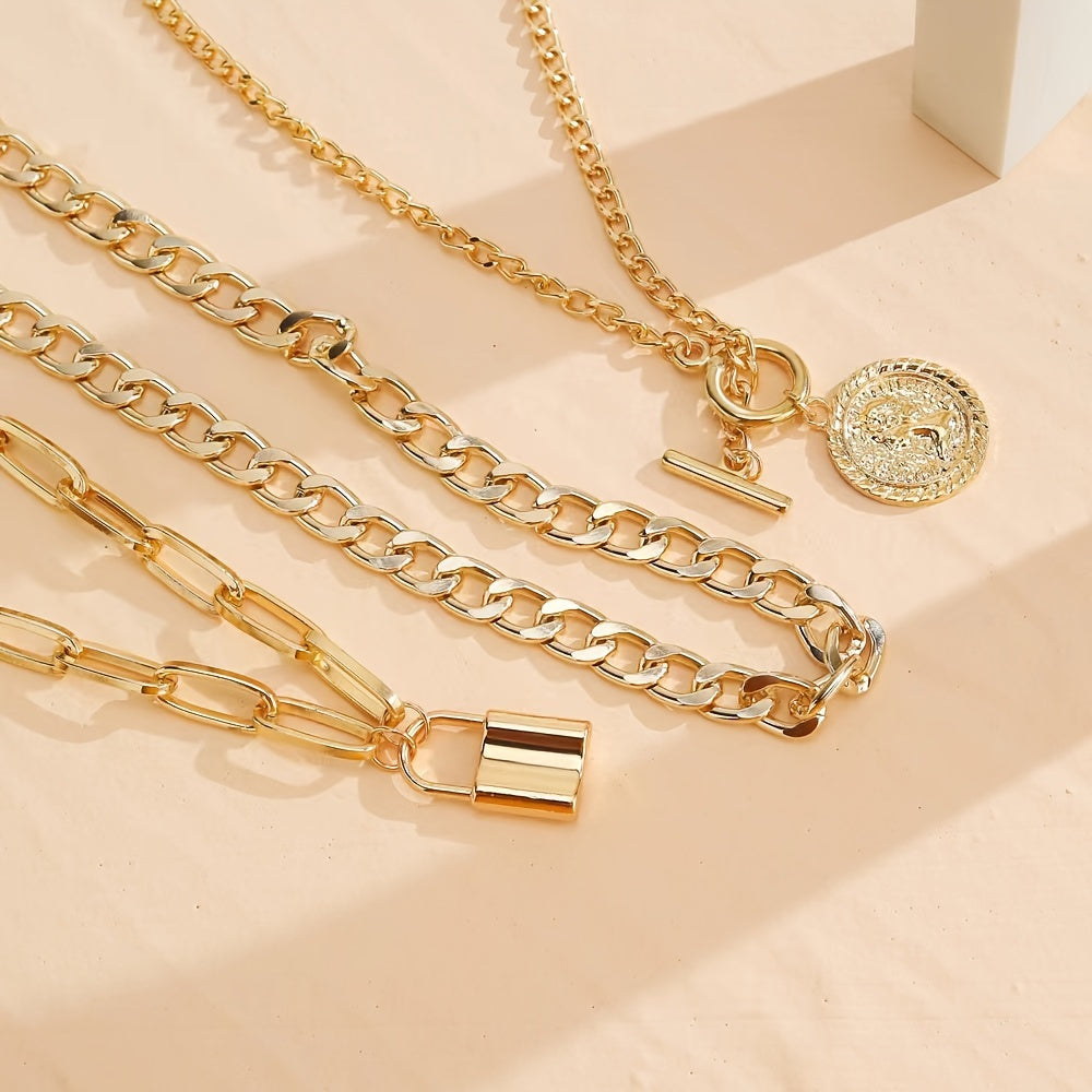 3pcs Gold Plated Layered Necklace Set for Women – Vintage Embossed Round Pendant & Lock Charm Stackable Necklaces Elegant Fashion Jewelry Gift Set with Gift Bag Birthday Anniversary Valentine