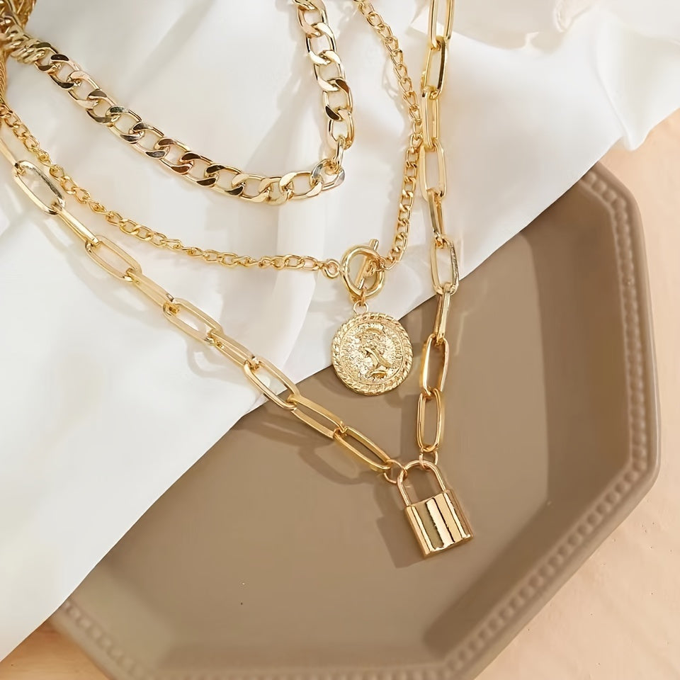 3pcs Gold Plated Layered Necklace Set for Women – Vintage Embossed Round Pendant & Lock Charm Stackable Necklaces Elegant Fashion Jewelry Gift Set with Gift Bag Birthday Anniversary Valentine