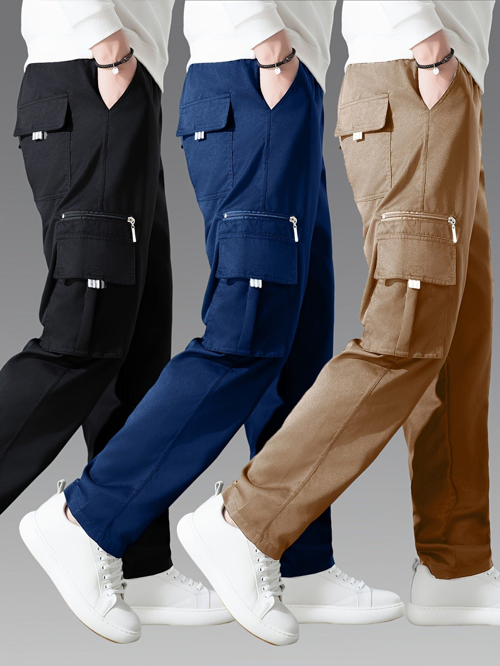 Men's Cargo Pants 3-Pack Multi-Pocket Tactical Outdoor Travel Casual Daily Pants Sizes S-XXXL 10 Colors Black Khaki Army Green Navy Blue Dark Gray