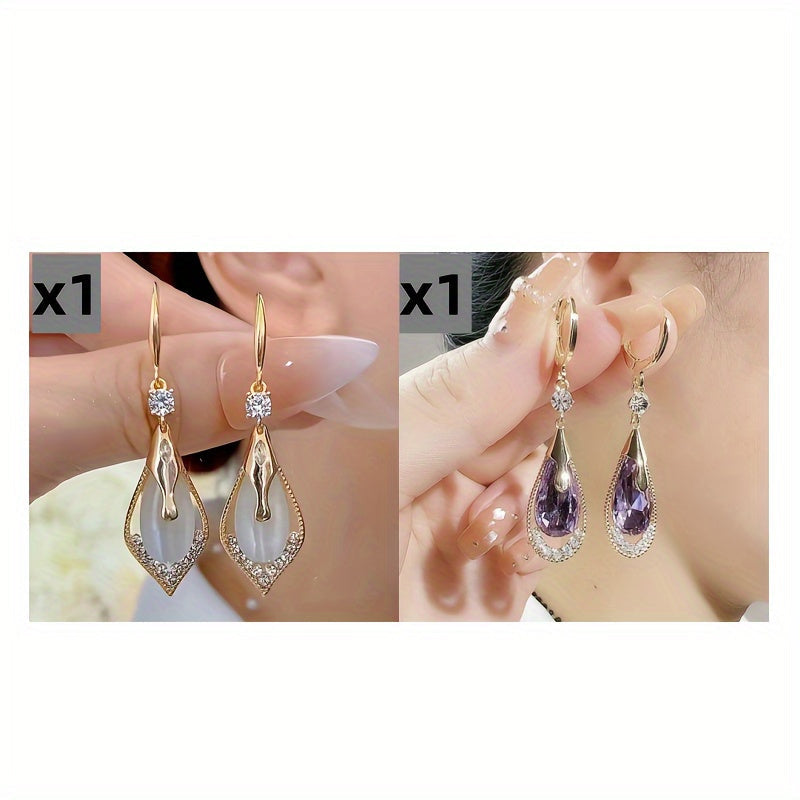 Cat Eye Teardrop Dangle Earrings 2 Pairs for Women – Sparkling White & Purple CZ Drop Earrings Elegant Alloy Fashion Jewelry Gift for Party Wedding Prom Birthday Valentine's Day