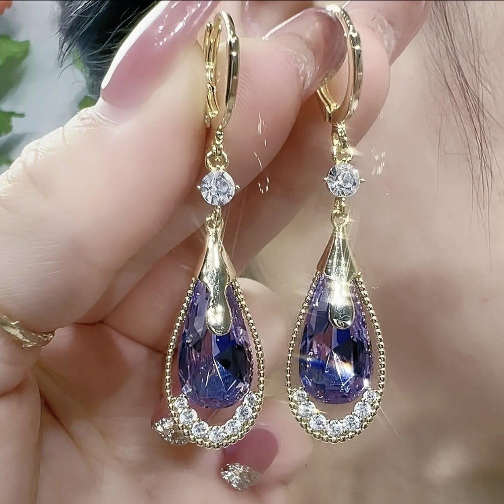 Cat Eye Teardrop Dangle Earrings 2 Pairs for Women – Sparkling White & Purple CZ Drop Earrings Elegant Alloy Fashion Jewelry Gift for Party Wedding Prom Birthday Valentine's Day