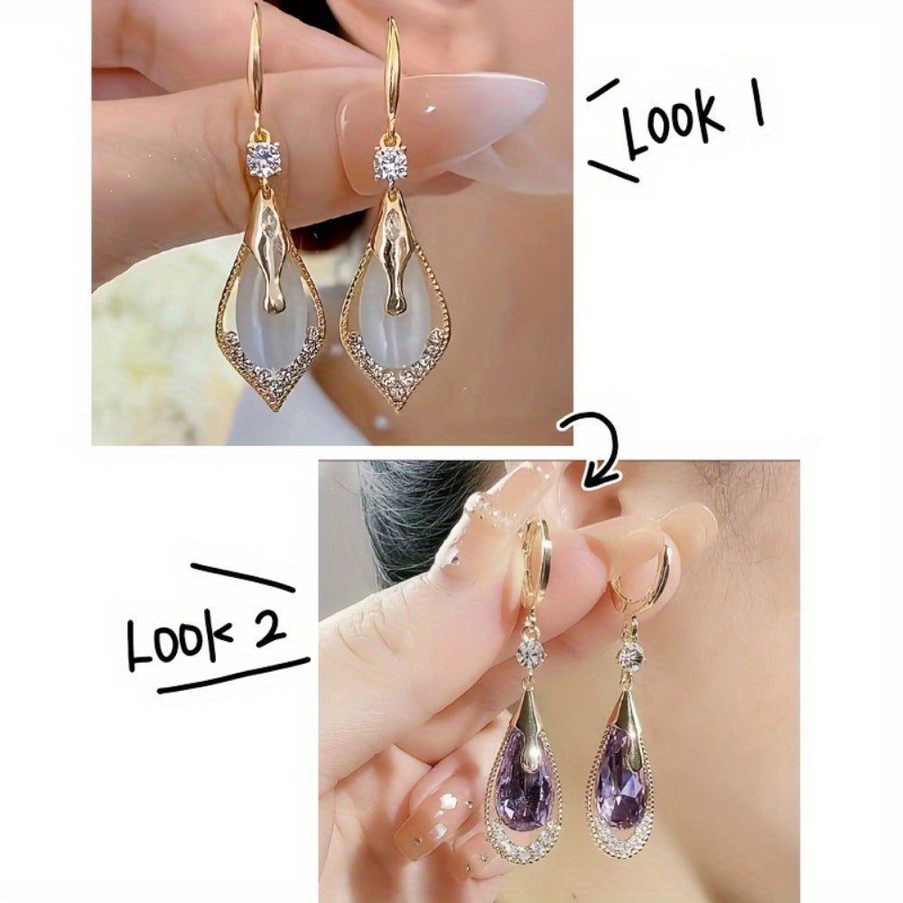 Cat Eye Teardrop Dangle Earrings 2 Pairs for Women – Sparkling White & Purple CZ Drop Earrings Elegant Alloy Fashion Jewelry Gift for Party Wedding Prom Birthday Valentine's Day