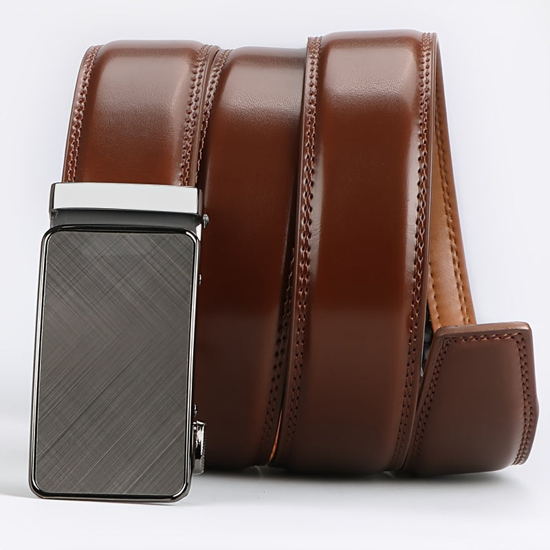 Men's Genuine Leather Ratchet Belt with Automatic Alloy Buckle – No-Hole Adjustable 110-130cm 3 Color Options Black Brown Business Casual Dress Belt Father's Day Birthday Christmas Gift