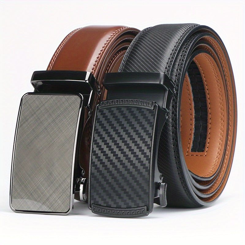 Men's Genuine Leather Ratchet Belt with Automatic Alloy Buckle – No-Hole Adjustable 110-130cm 3 Color Options Black Brown Business Casual Dress Belt Father's Day Birthday Christmas Gift