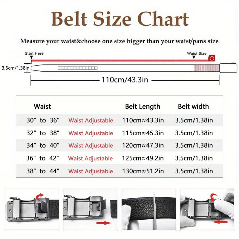 Men's Genuine Leather Ratchet Belt with Automatic Alloy Buckle – No-Hole Adjustable 110-130cm 3 Color Options Black Brown Business Casual Dress Belt Father's Day Birthday Christmas Gift