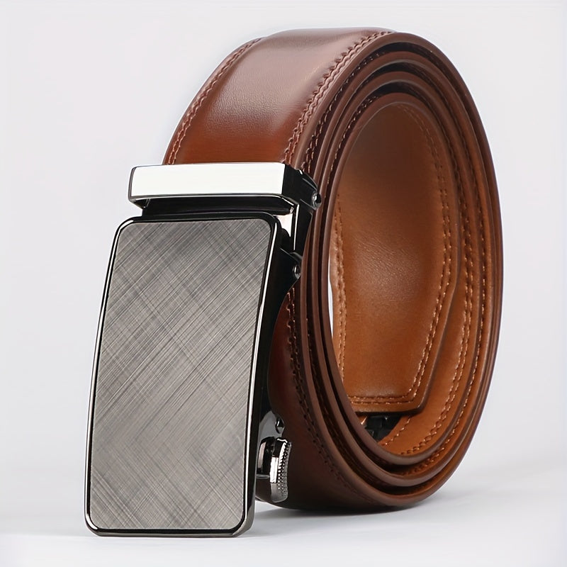 Men's Genuine Leather Ratchet Belt with American Flag Automatic Buckle – Adjustable Alloy Clasp in Black & Brown for Formal and Casual Wear
