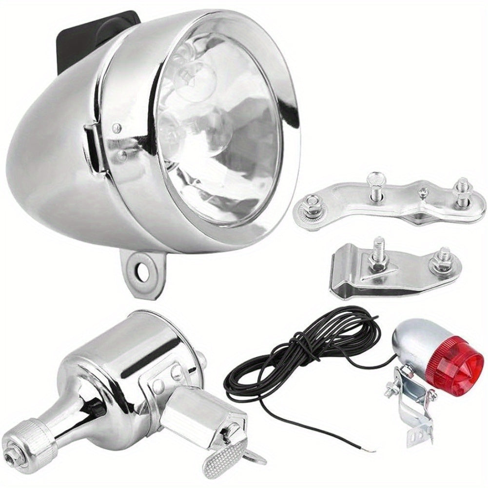 12V 6W Friction Generator Bicycle Dynamo Headlight & Tail Light Kit – No Battery Needed, Fits Mountain Bike, Road Bike, BMX, Folding Bike, Kids Bike & More, Silver