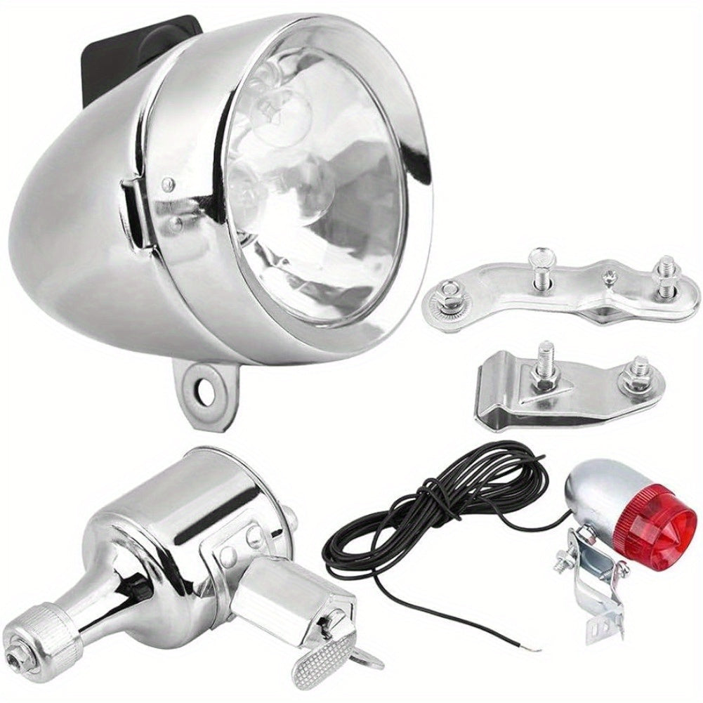 12V 6W Friction Generator Bicycle Dynamo Headlight & Tail Light Kit – No Battery Needed, Fits Mountain Bike, Road Bike, BMX, Folding Bike, Kids Bike & More, Silver