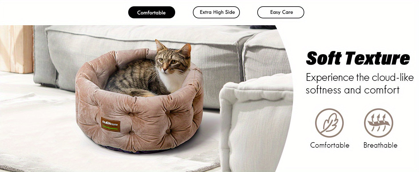 Round Velvet Cat Bed with Extra High Sides – Deep Nest Design, Machine Washable, Non-Slip Bottom, 20"x20"x8", for Indoor Cats & Small Pets Up to 15 lbs